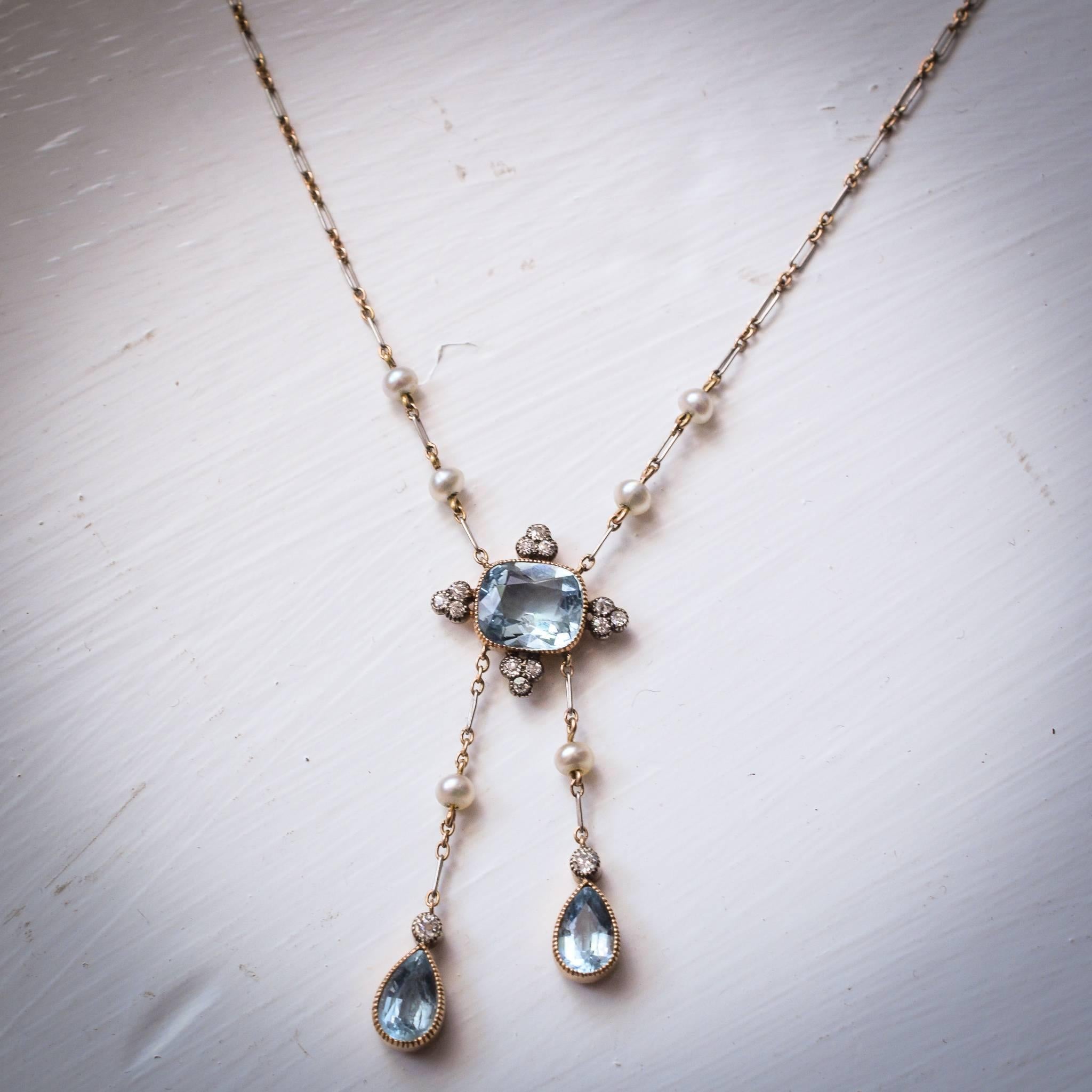 Antique Edwardian Diamond Aquamarine Negligee Pendant Necklace 1