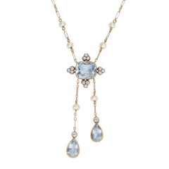 Antique Edwardian Diamond Aquamarine Negligee Pendant Necklace