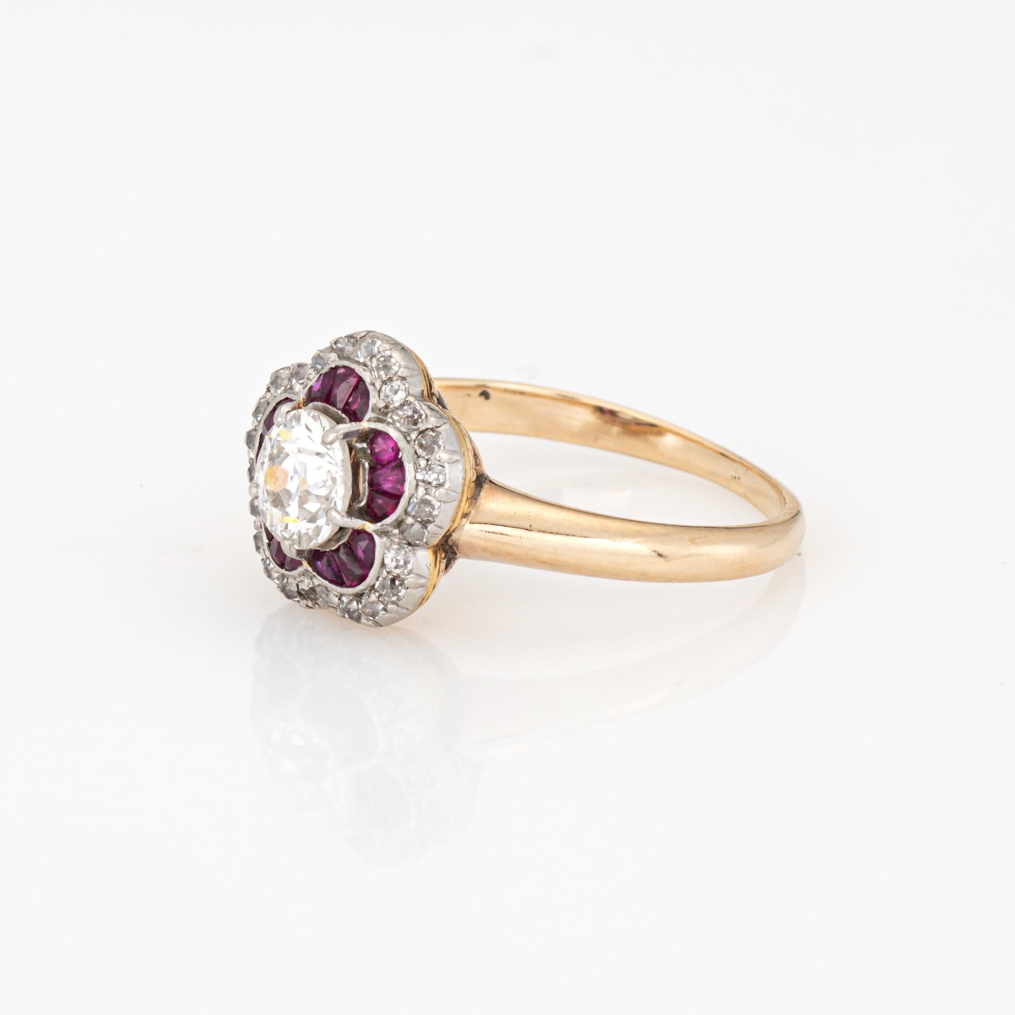 Taille vieille Europe Bague de fiançailles ancienne Edwardian Diamond Calibre Ruby 14k Gold Platinum Sz 5.5 en vente