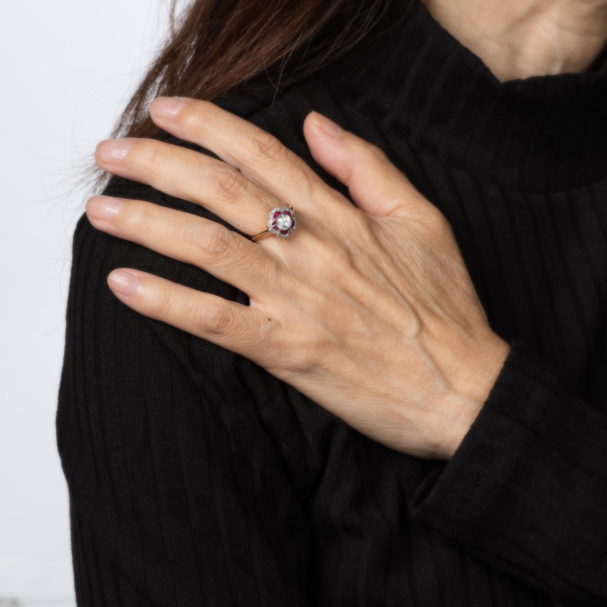 Bague de fiançailles ancienne Edwardian Diamond Calibre Ruby 14k Gold Platinum Sz 5.5 Pour femmes en vente