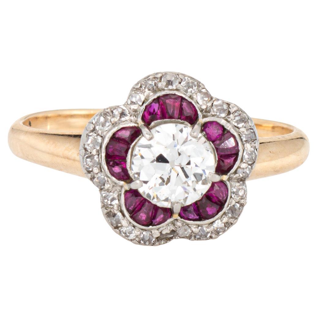 Bague de fiançailles ancienne Edwardian Diamond Calibre Ruby 14k Gold Platinum Sz 5.5