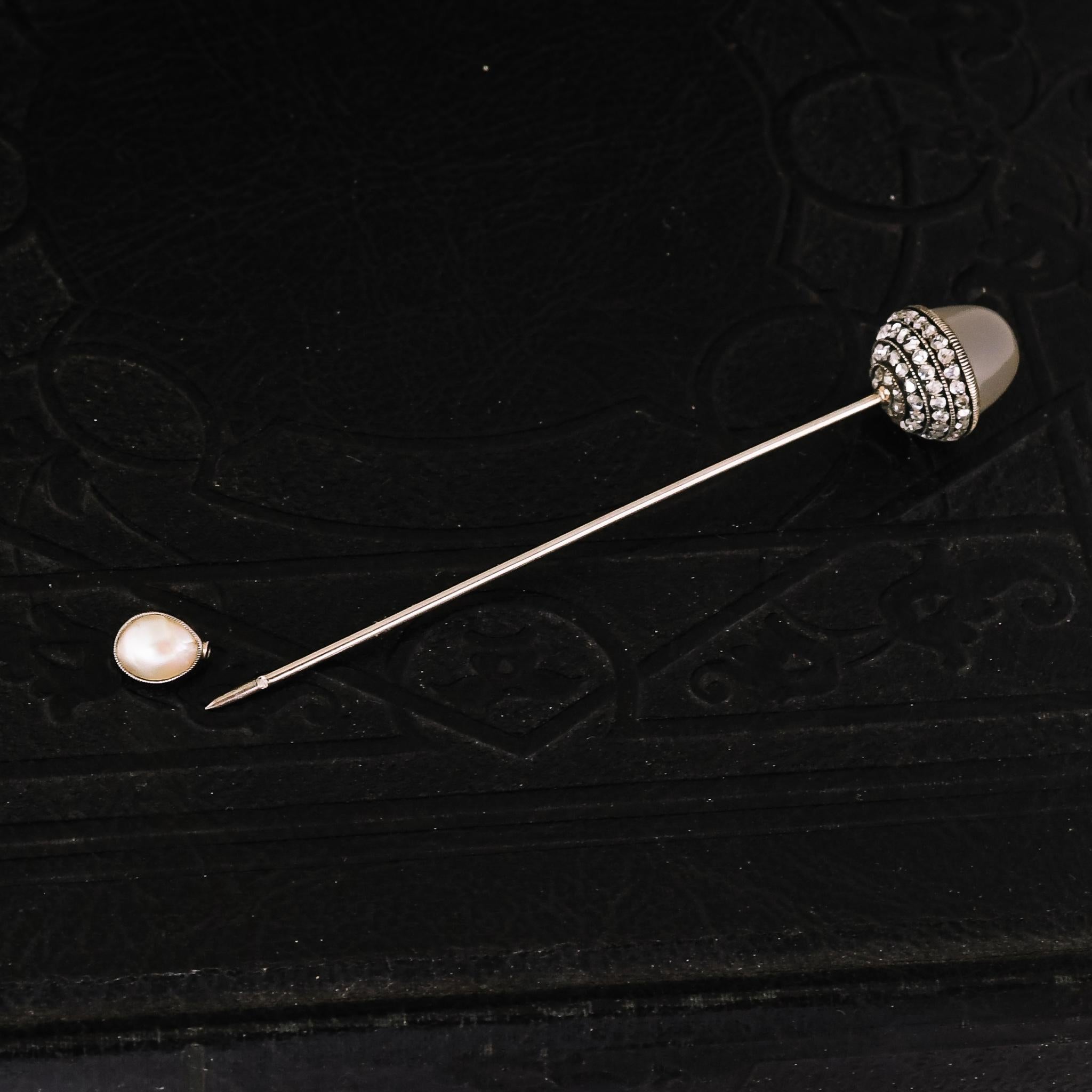 Antique Edwardian Diamond & Chalcedony Acorn Jabot Pin For Sale 7