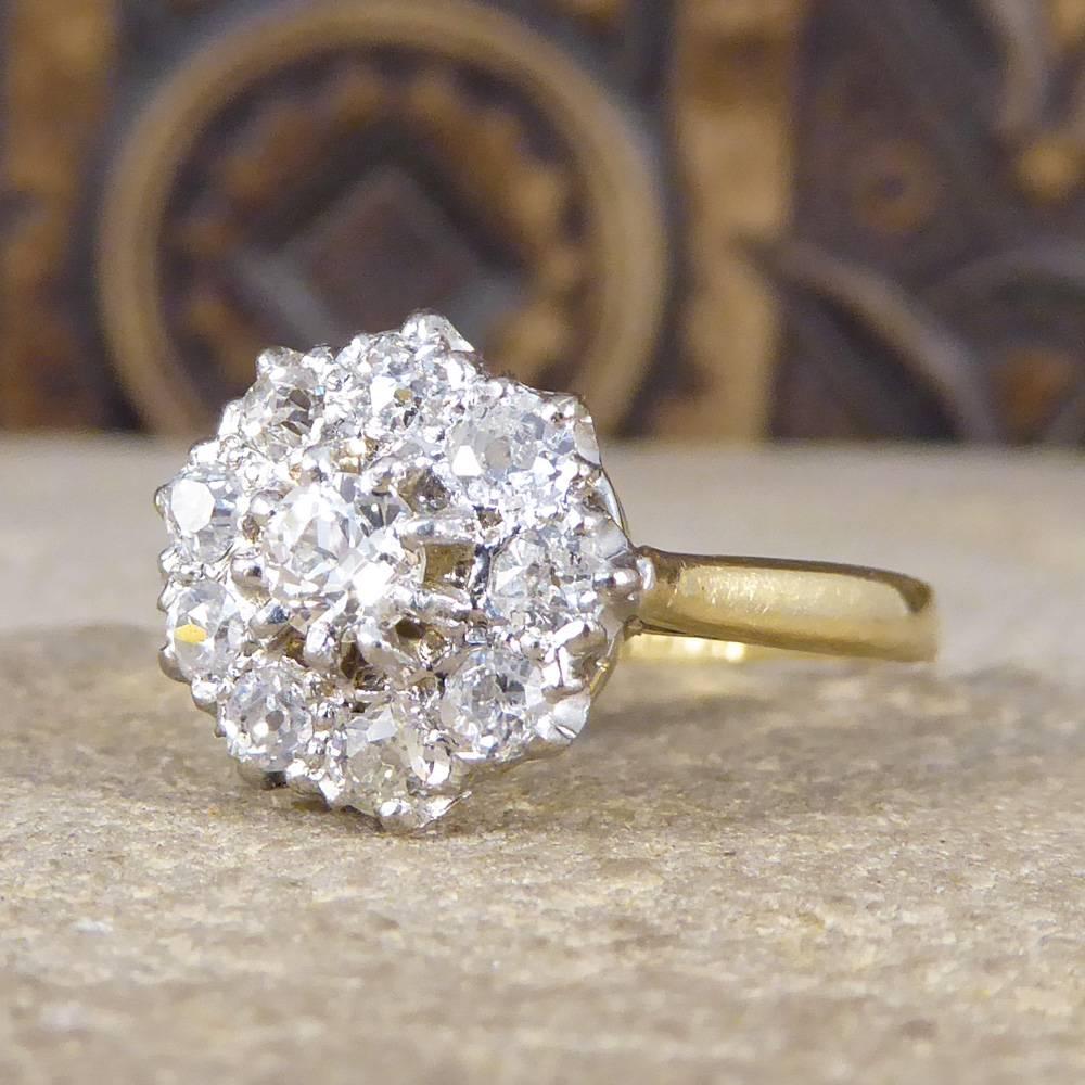 Women's Antique Edwardian Diamond Cluster Ring in 18 Carat Yellow Gold and Platinum