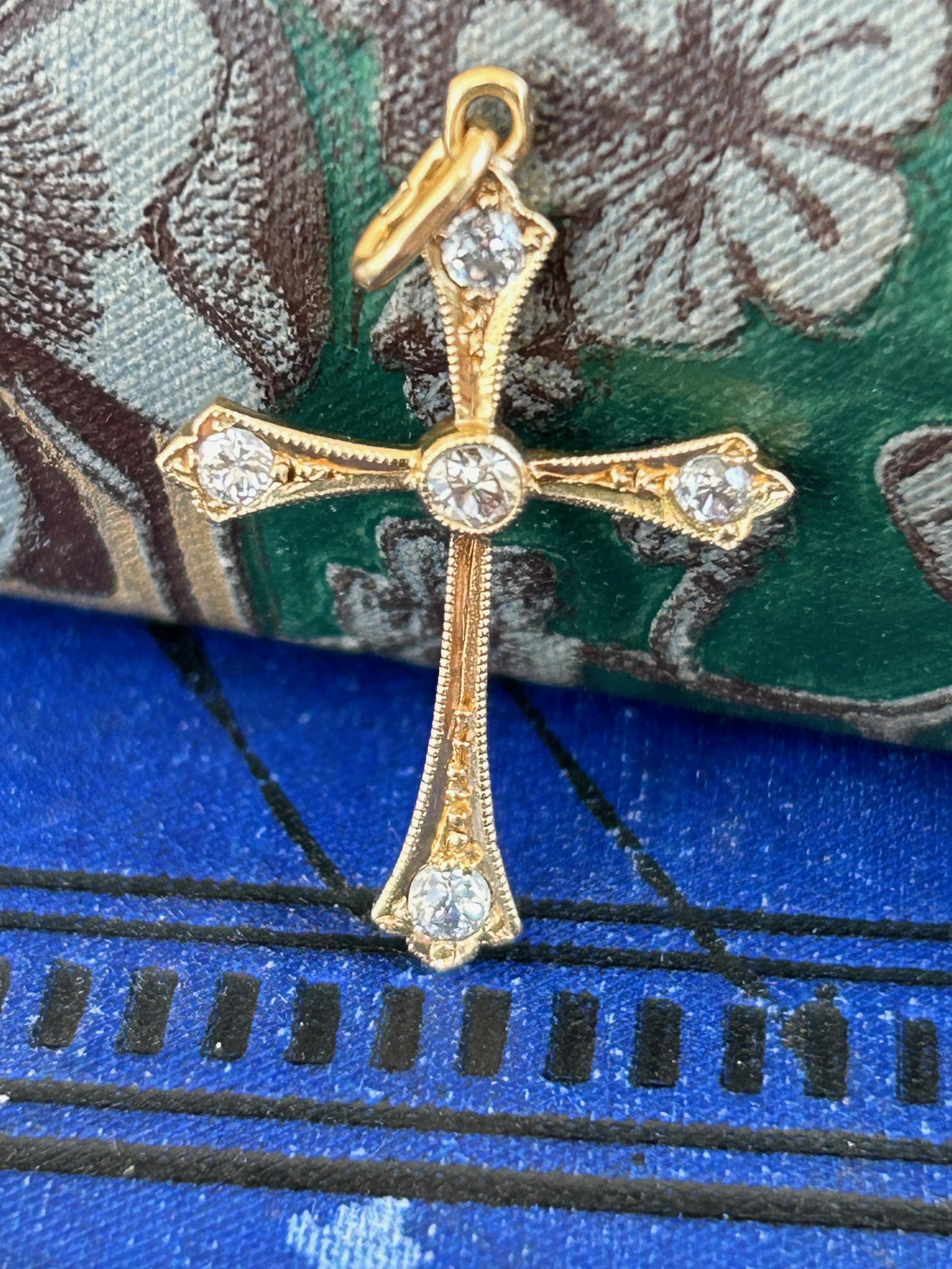 Old European Cut Antique Edwardian Diamond Cross Pendant 18 Yellow Gold For Sale