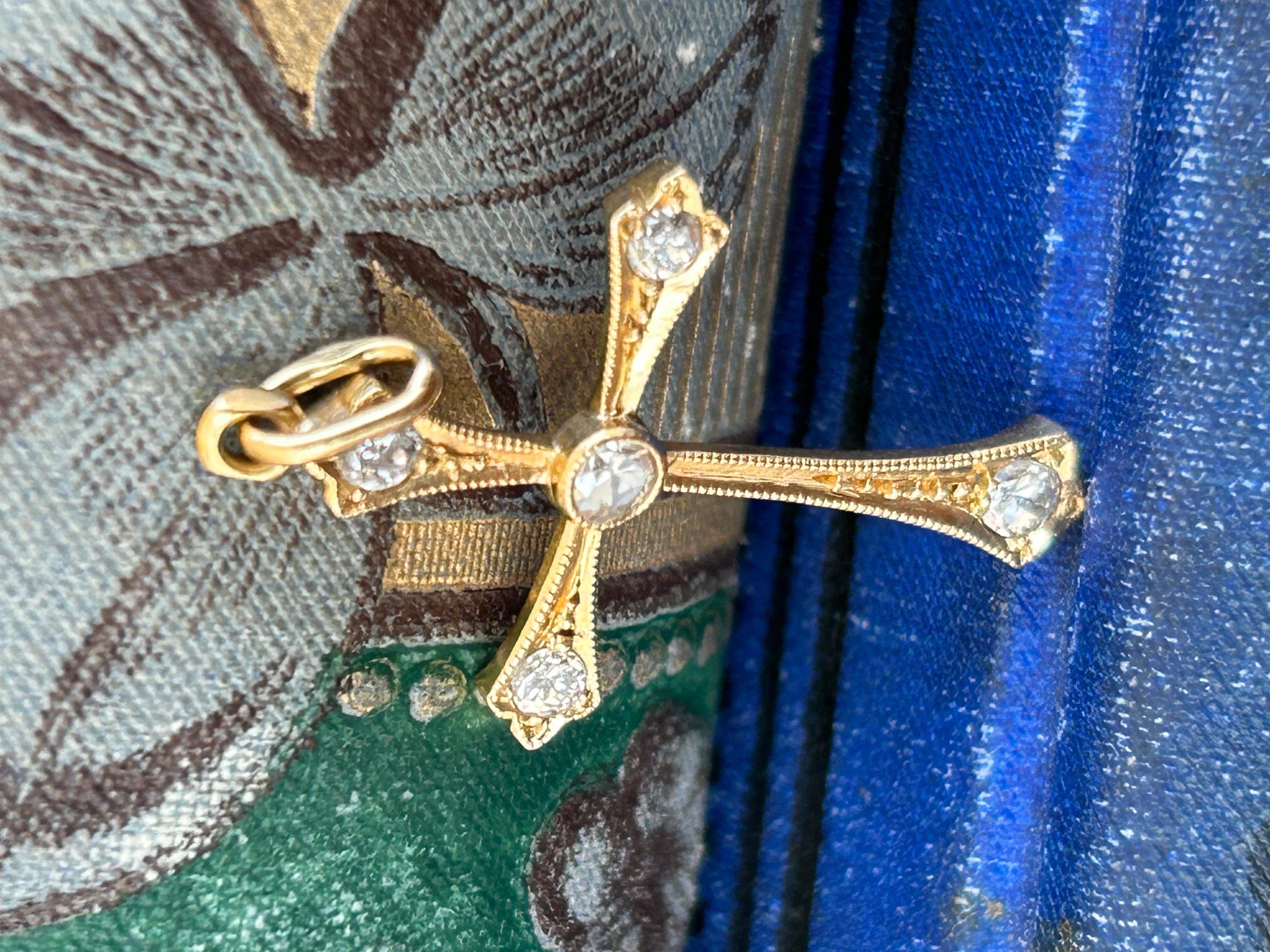 Women's Antique Edwardian Diamond Cross Pendant 18 Yellow Gold For Sale