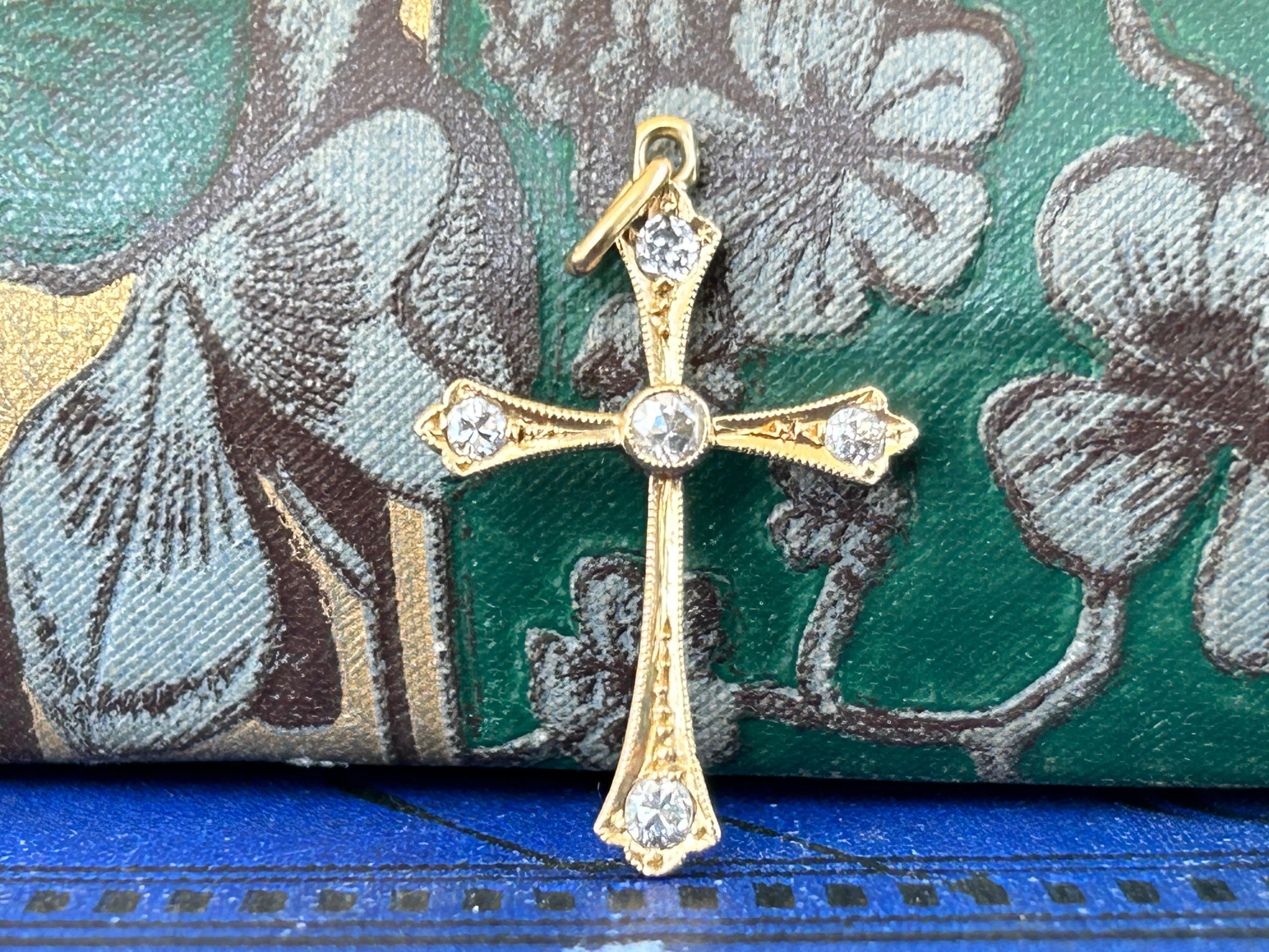 Antique Edwardian Diamond Cross Pendant 18 Yellow Gold For Sale 3