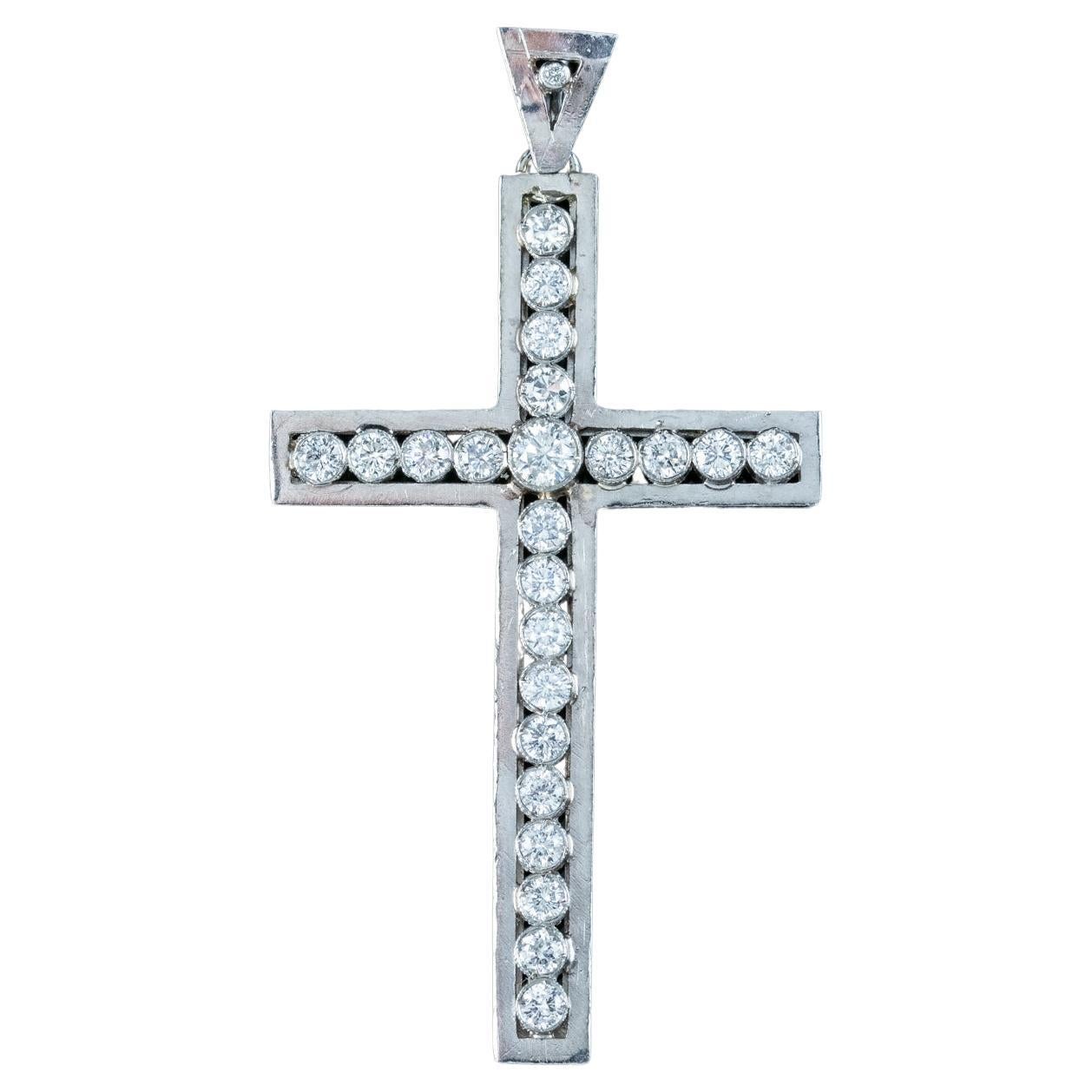 Pendentif croix édouardien ancien en platine avec diamants de 1,2 carat