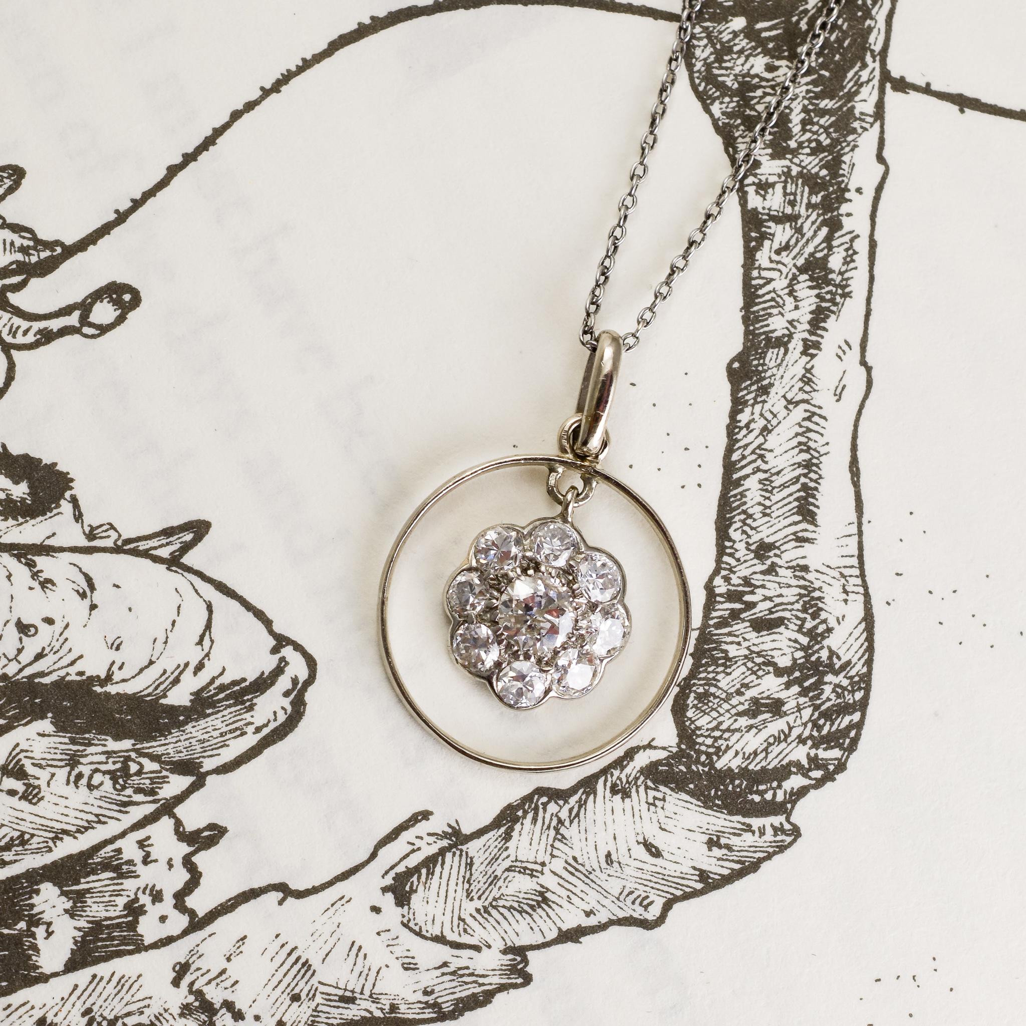 Women's Antique Edwardian Diamond Daisy Halo Pendant Necklace