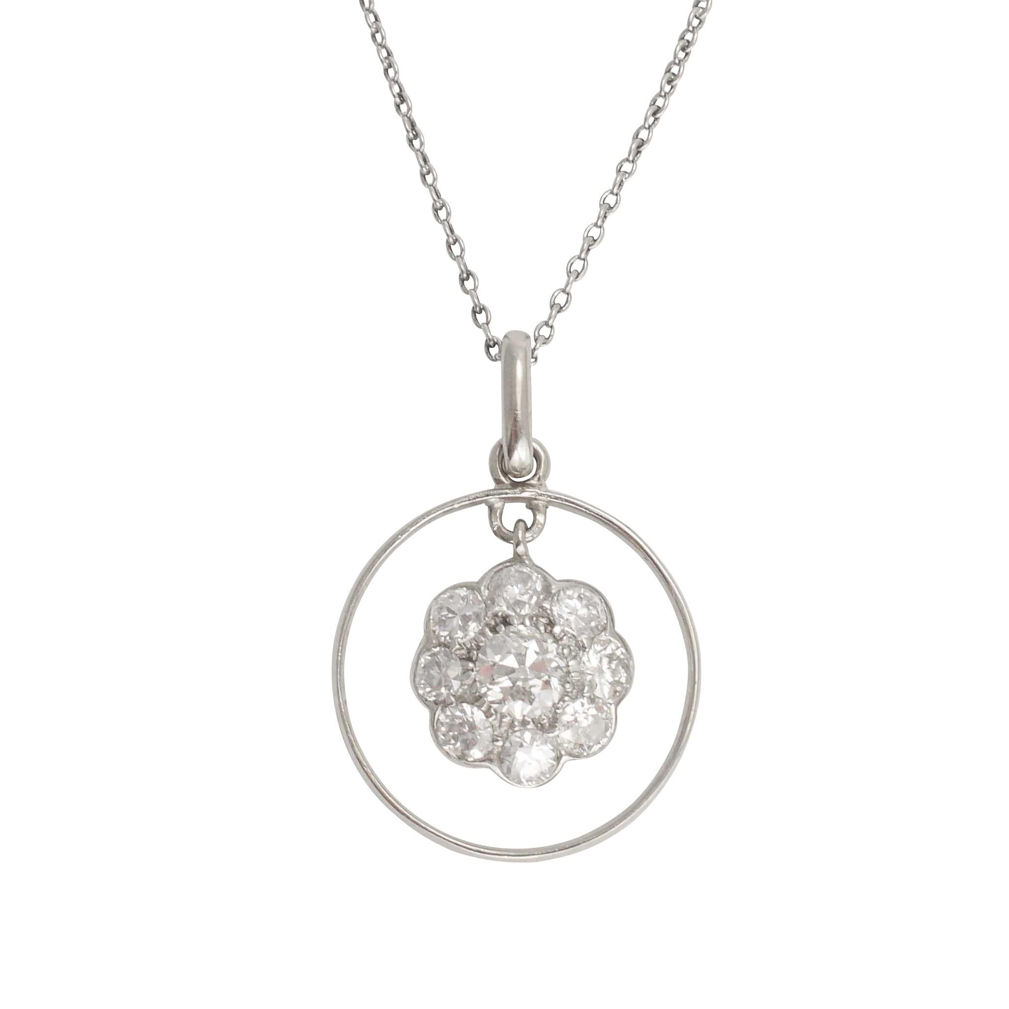 Antique Edwardian Diamond Daisy Halo Pendant Necklace