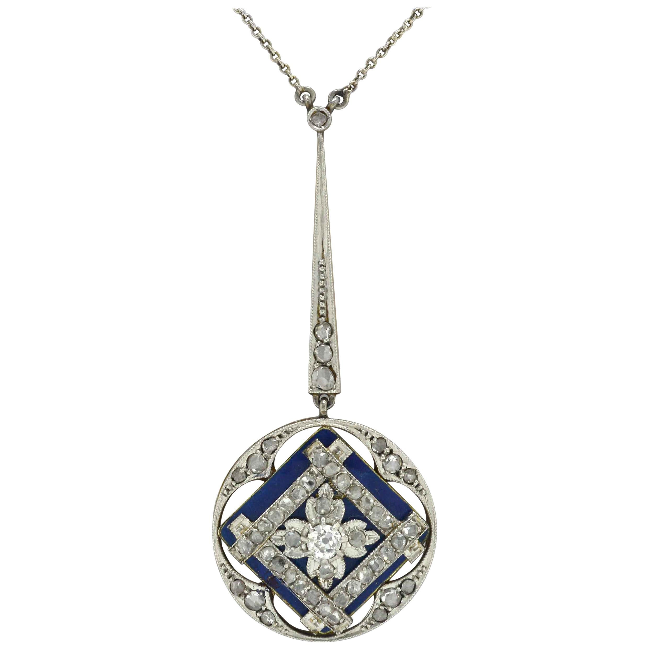 Antique Edwardian Diamond Drop Necklace Blue Enamel Lavalier Openwork Vintage