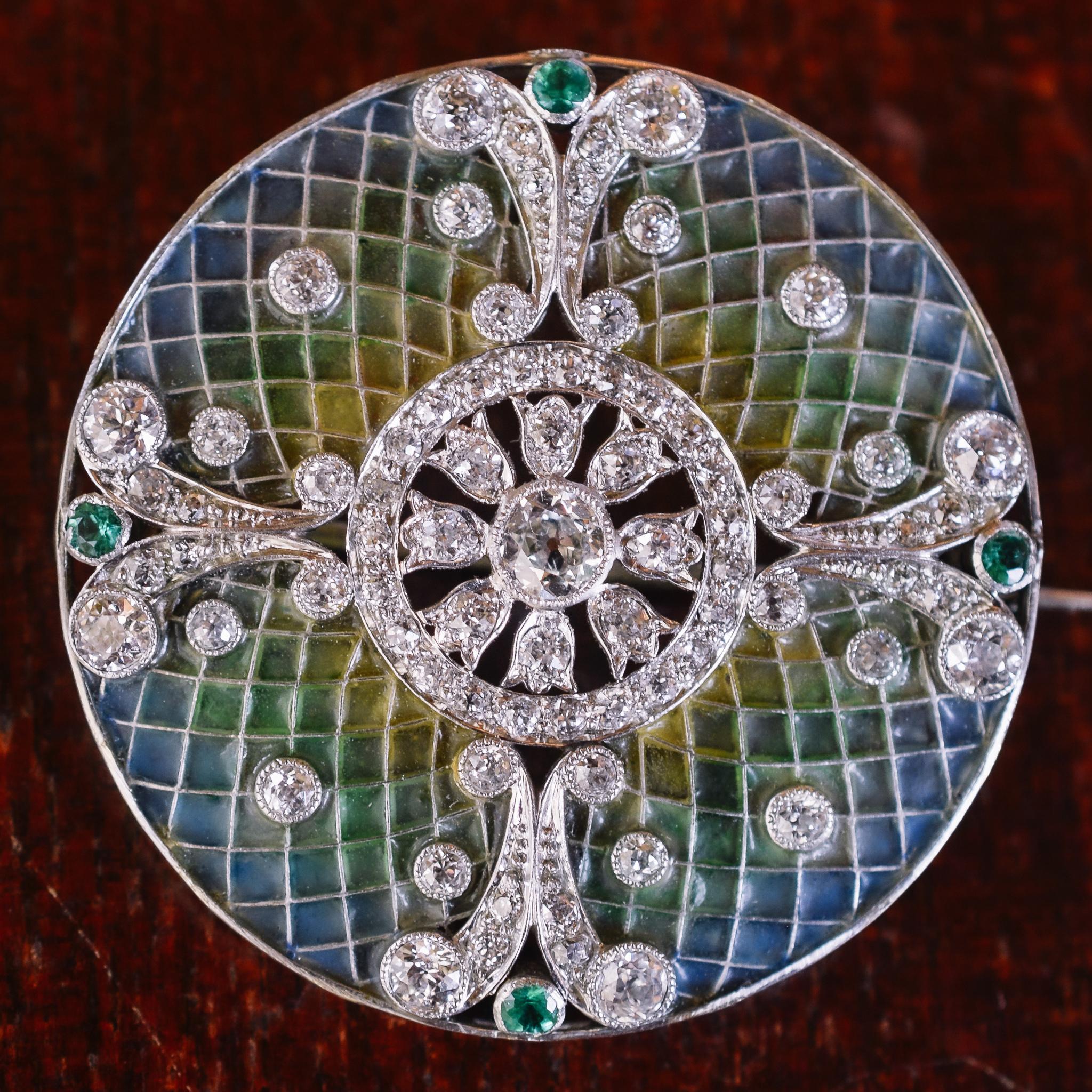 Antique Edwardian Diamond Emerald Plique-à-Jour Disc Brooch 6
