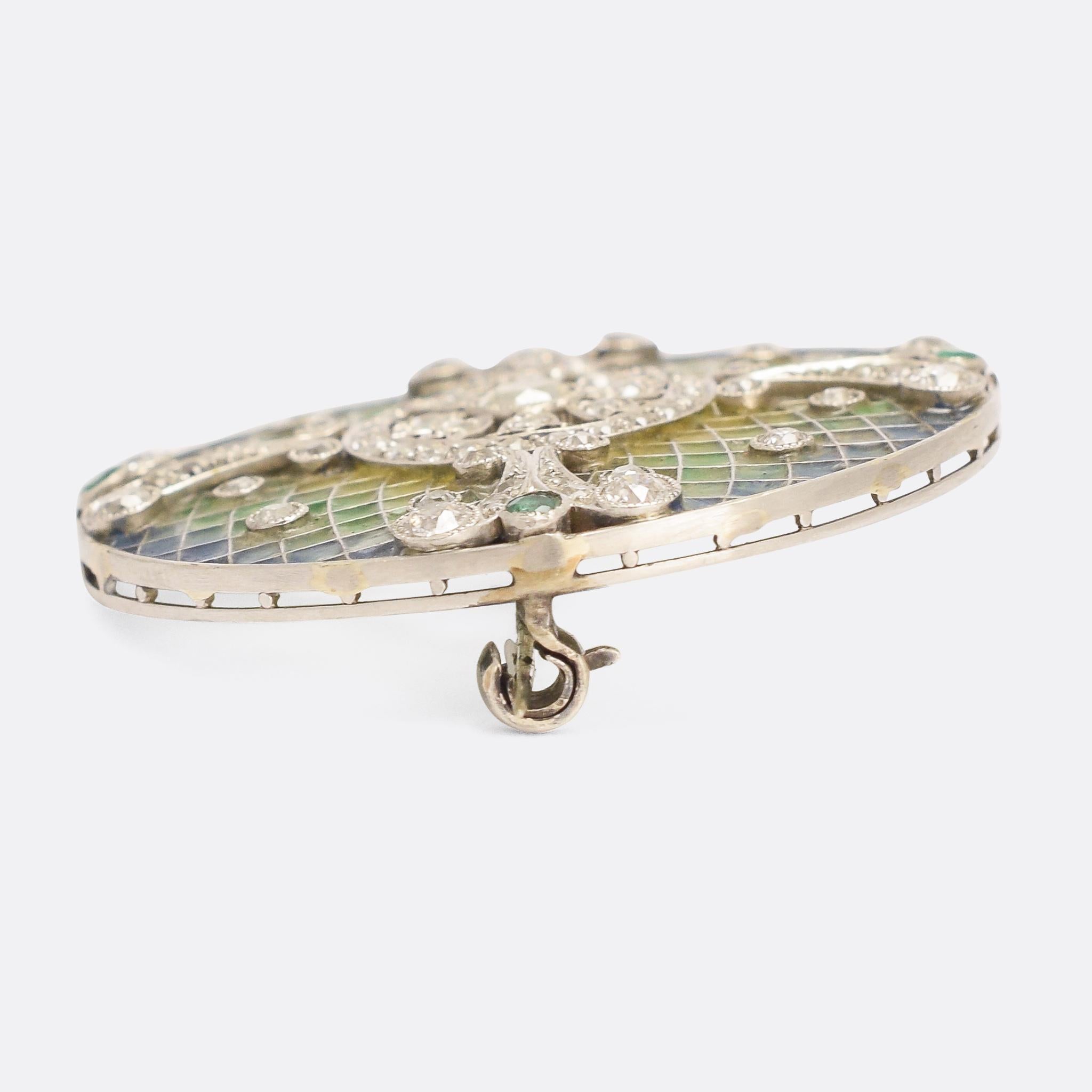 Women's or Men's Antique Edwardian Diamond Emerald Plique-à-Jour Disc Brooch