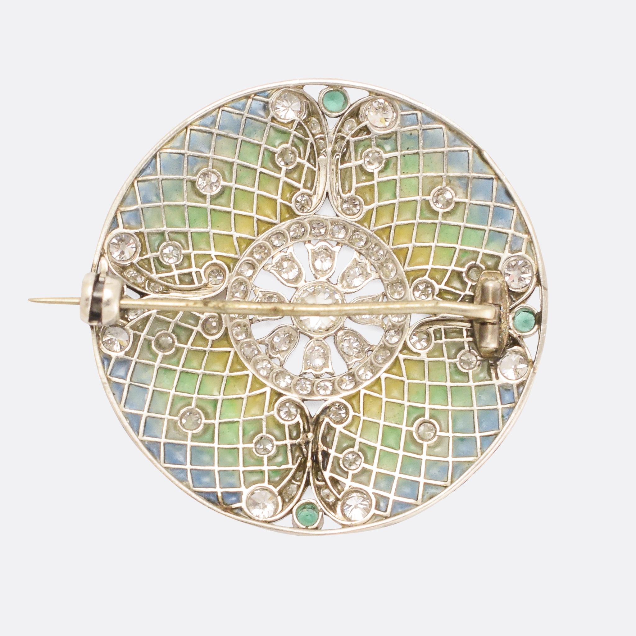 Antique Edwardian Diamond Emerald Plique-à-Jour Disc Brooch 1