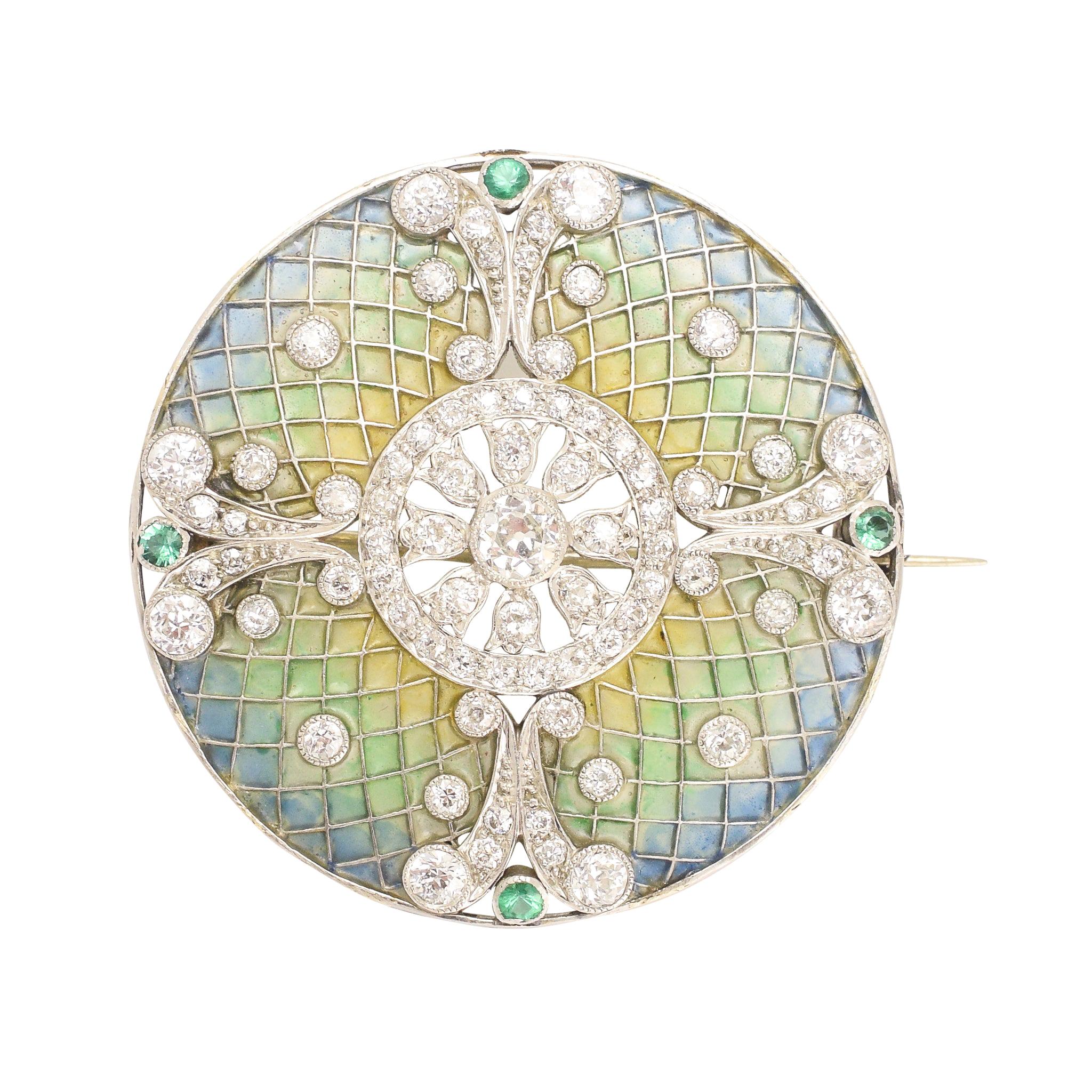 Antique Edwardian Diamond Emerald Plique-à-Jour Disc Brooch