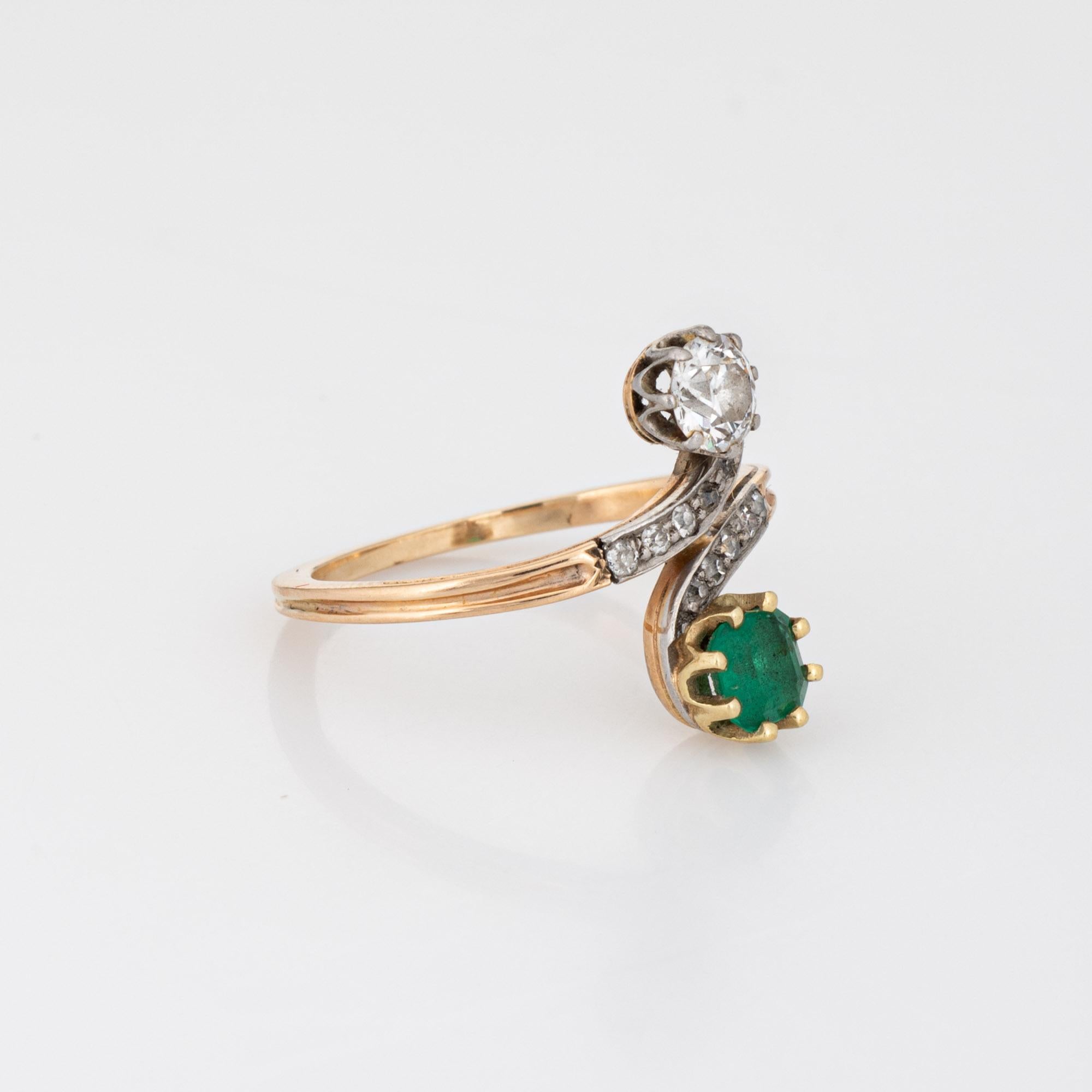 Old Mine Cut Antique Edwardian Diamond Emerald Ring Moi et Toi 14k Gold Gemstone Band Sz 6.5 For Sale