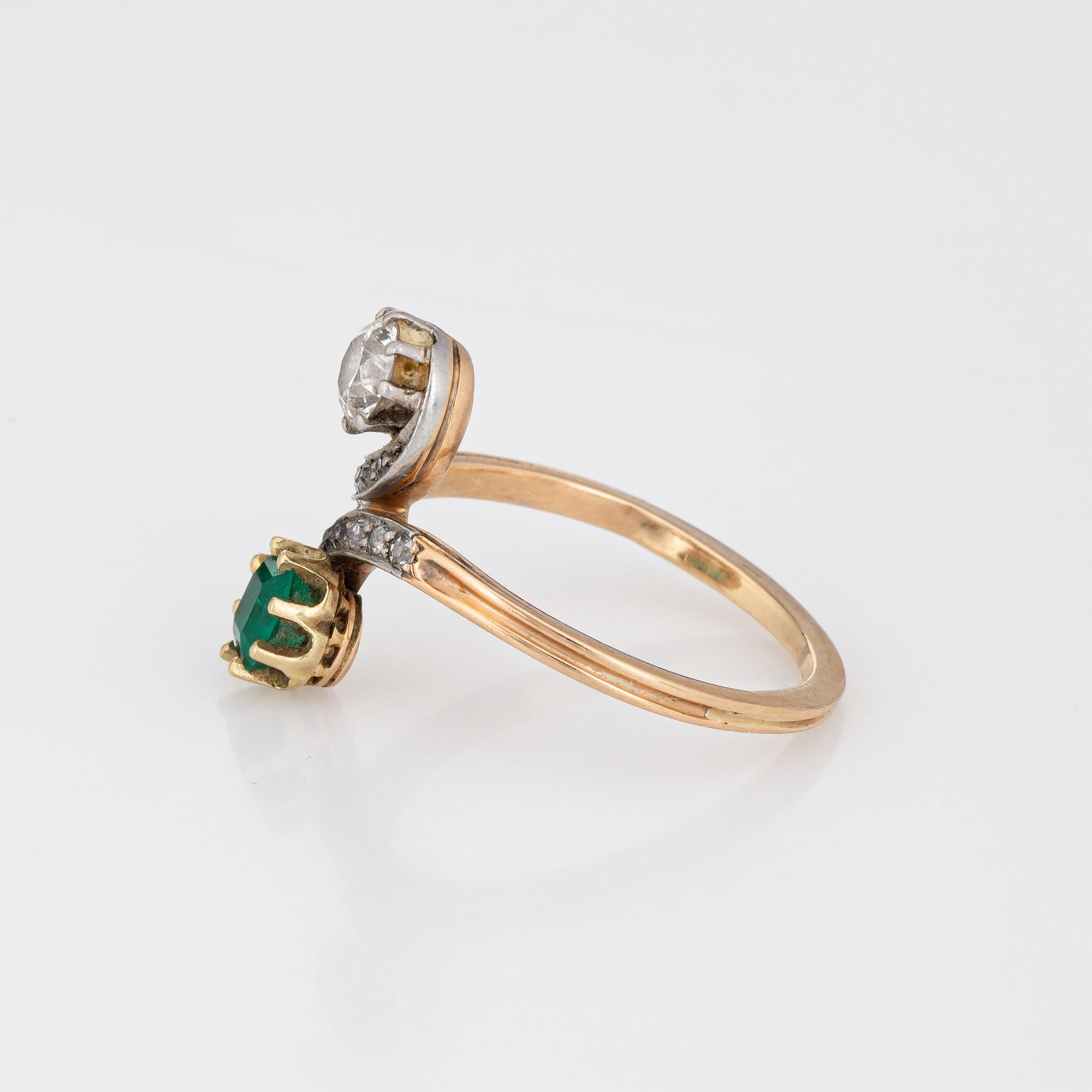 Antique Edwardian Diamond Emerald Ring Moi et Toi 14k Gold Gemstone Band Sz 6.5 In Good Condition For Sale In Torrance, CA