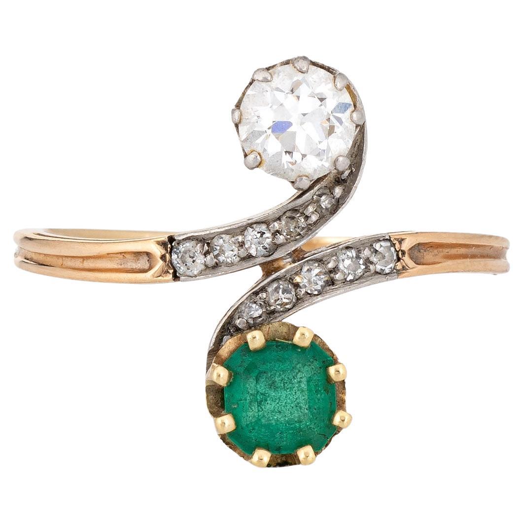 Antiker edwardianischer Diamant-Smaragdring Moi et Toi 14k Gold Edelsteinband Gr. 6,5
