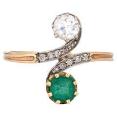 Antique Edwardian Diamond Emerald Ring Moi et Toi 14k Gold Gemstone Band Sz 6.5