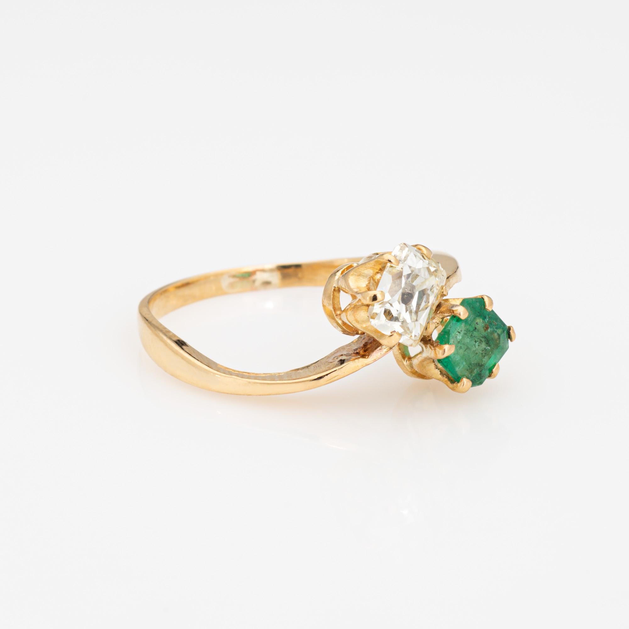 Old Mine Cut Antique Edwardian Diamond Emerald Ring Moi et Toi 18k Gold Gemstone Band Sz 5