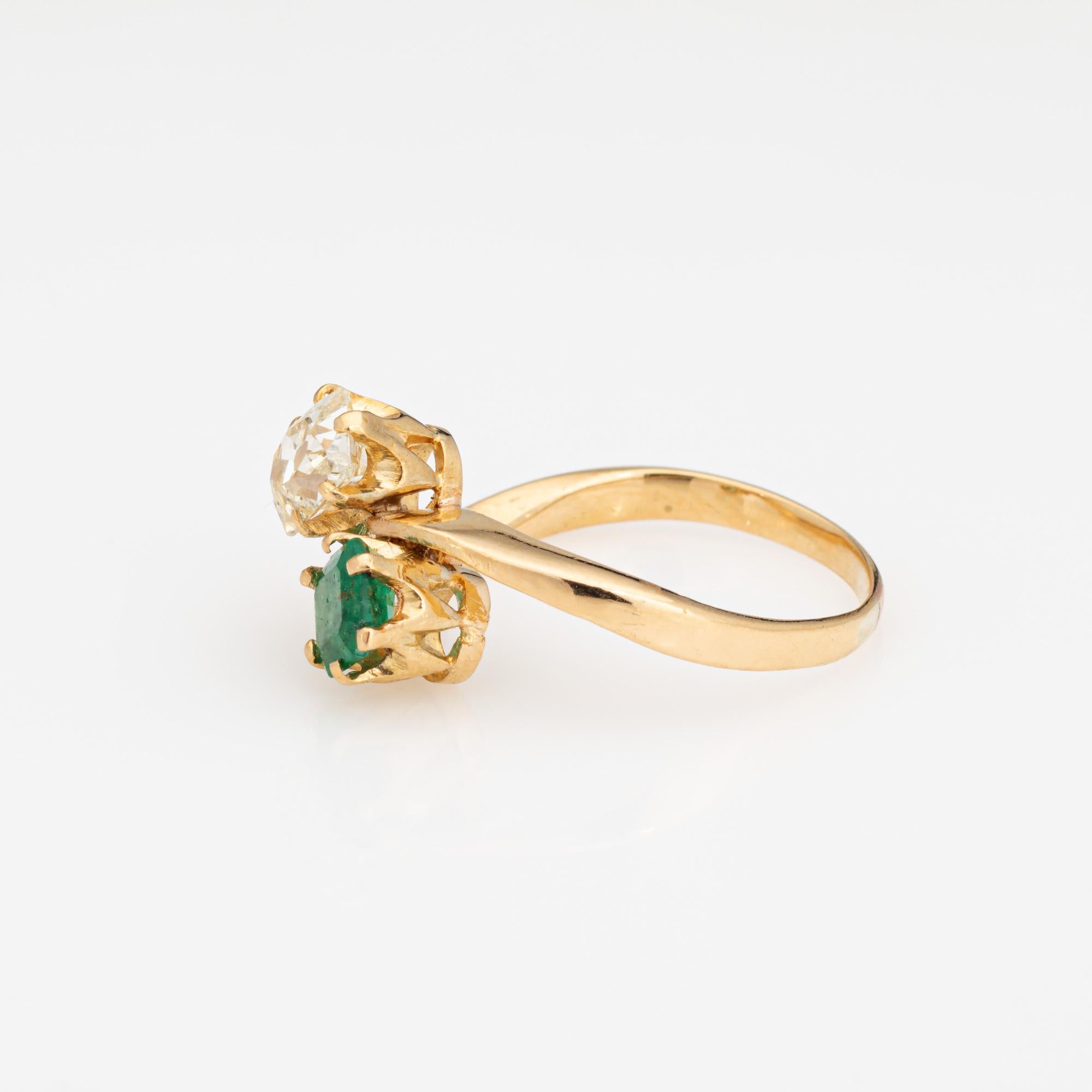 Antique Edwardian Diamond Emerald Ring Moi et Toi 18k Gold Gemstone Band Sz 5 In Good Condition In Torrance, CA