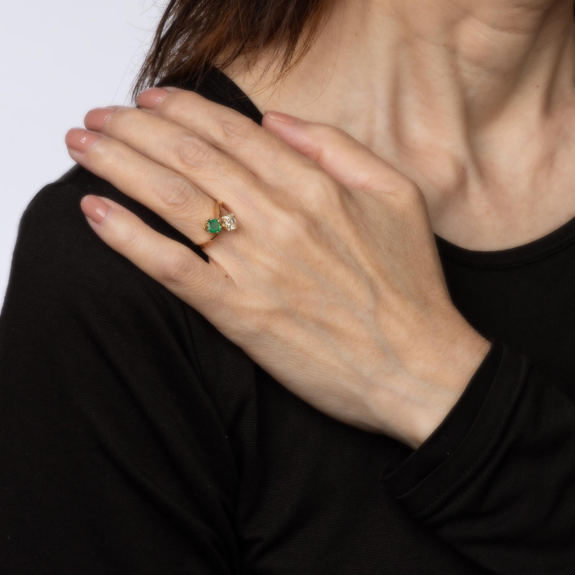 Antique Edwardian Diamond Emerald Ring Moi et Toi 18k Gold Gemstone Band Sz 5 1