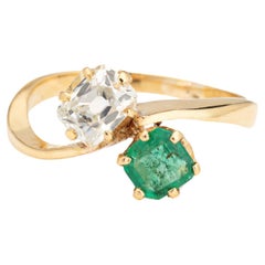Antique Edwardian Diamond Emerald Ring Moi et Toi 18k Gold Gemstone Band Sz 5