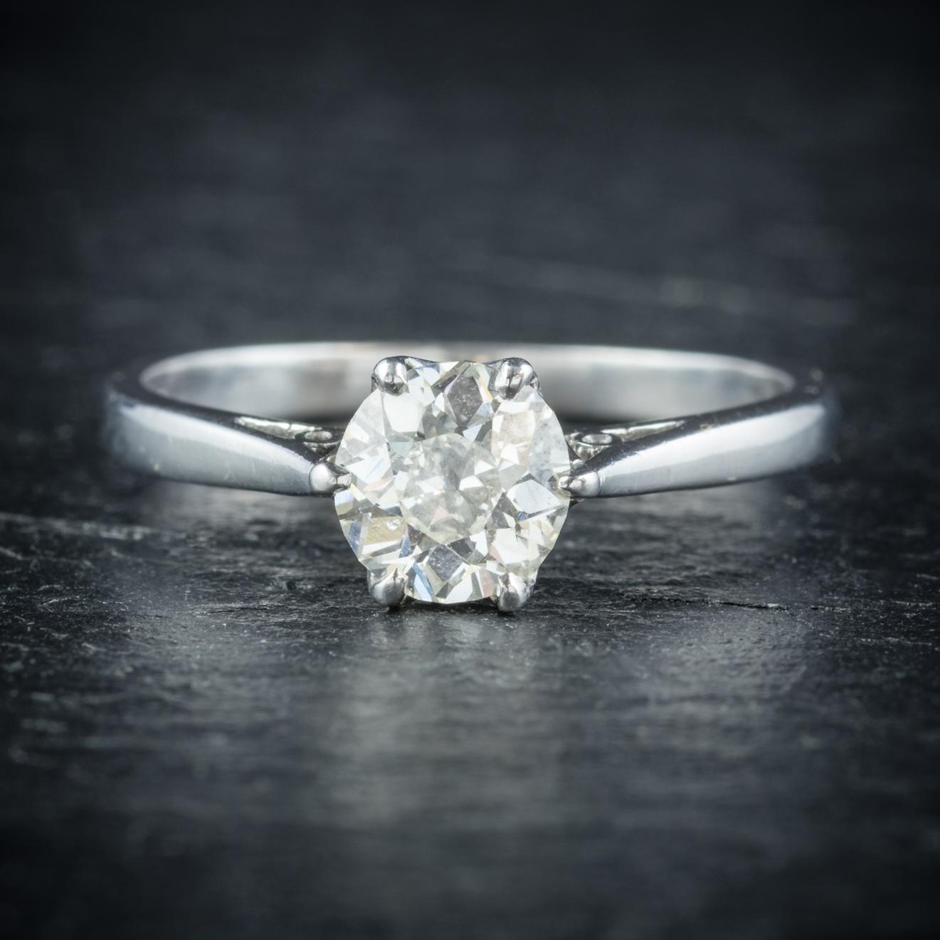 This beautiful antique Edwardian Diamond Solitaire ring is dated London, Circa 1910

Adorned with a stunning 0.88ct old cut Diamond which is SI/ 1 Clarity and H colour

Set in a Platinum gallery complete with hallmarks on the inside of the shank

A