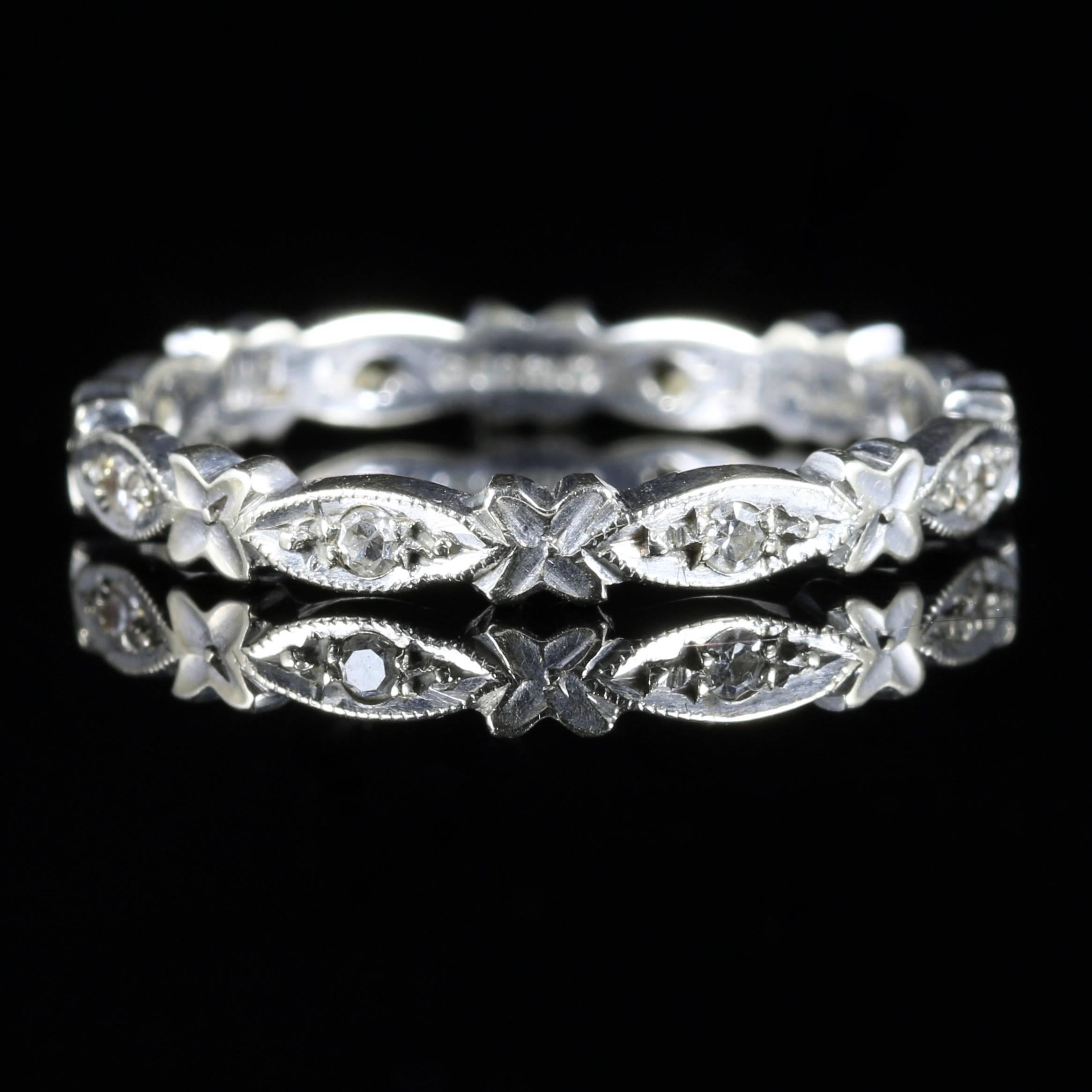 For more details please click continue reading down below...

This stunning antique Edwardian Diamond eternity ring is set in 18ct White Gold. Circa 1915

Beautiful workmanship is set all round this pretty Edwardian ring.

Adorned with 8 sparkling