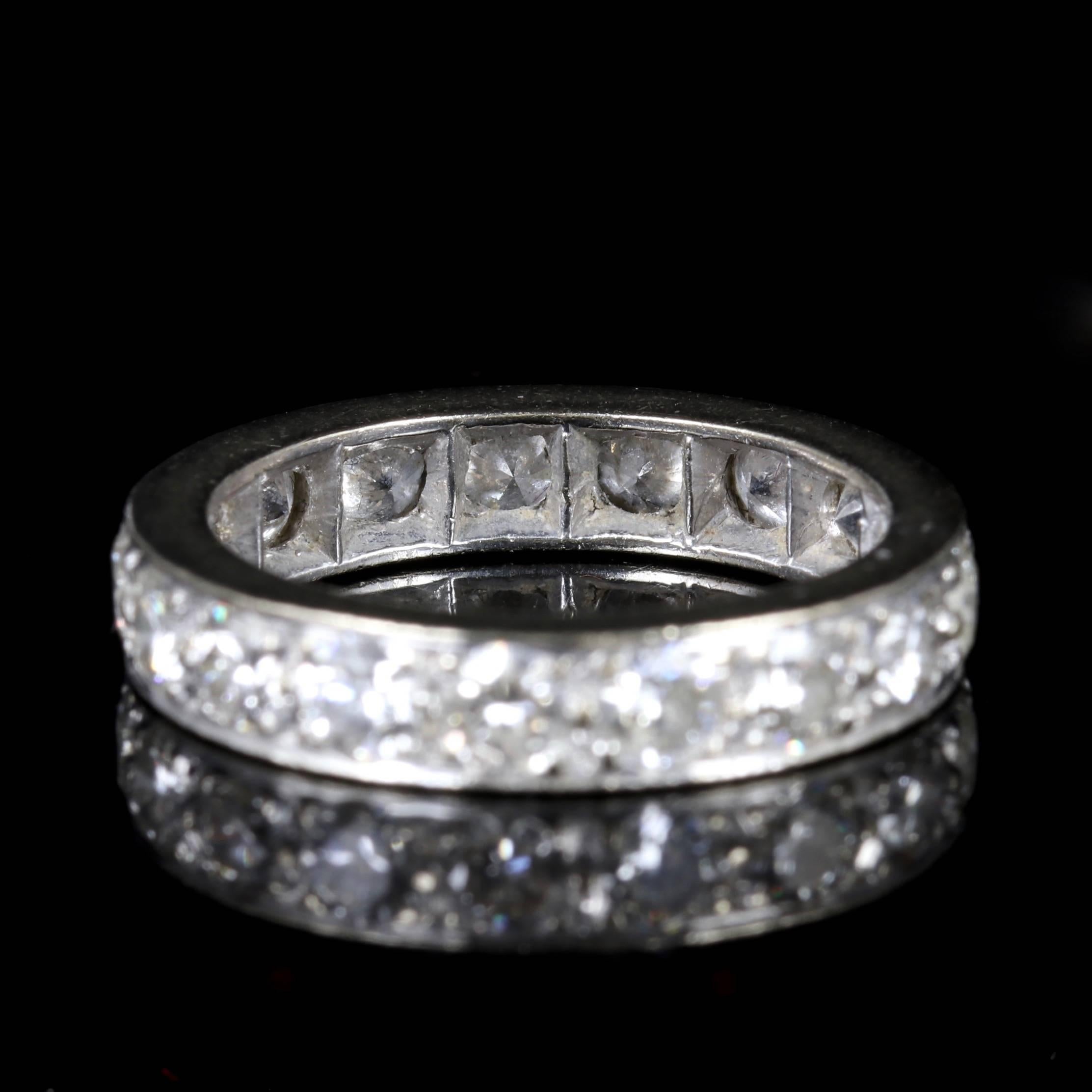 This fabulous Edwardian Diamond eternity ring is set in Platinum, Circa 1915

There are 17 glistening Diamonds in total, each of them being 0.18ct which totals up to 3.06ct of Diamonds on this fabulous ring.

The ring is Edwardian but the Diamonds
