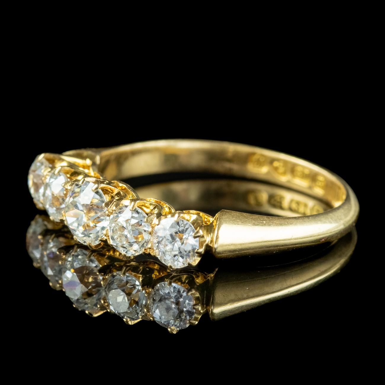 Old European Cut Antique Edwardian Diamond Five Stone Ring 1.4ct Diamond Dated 1909 For Sale