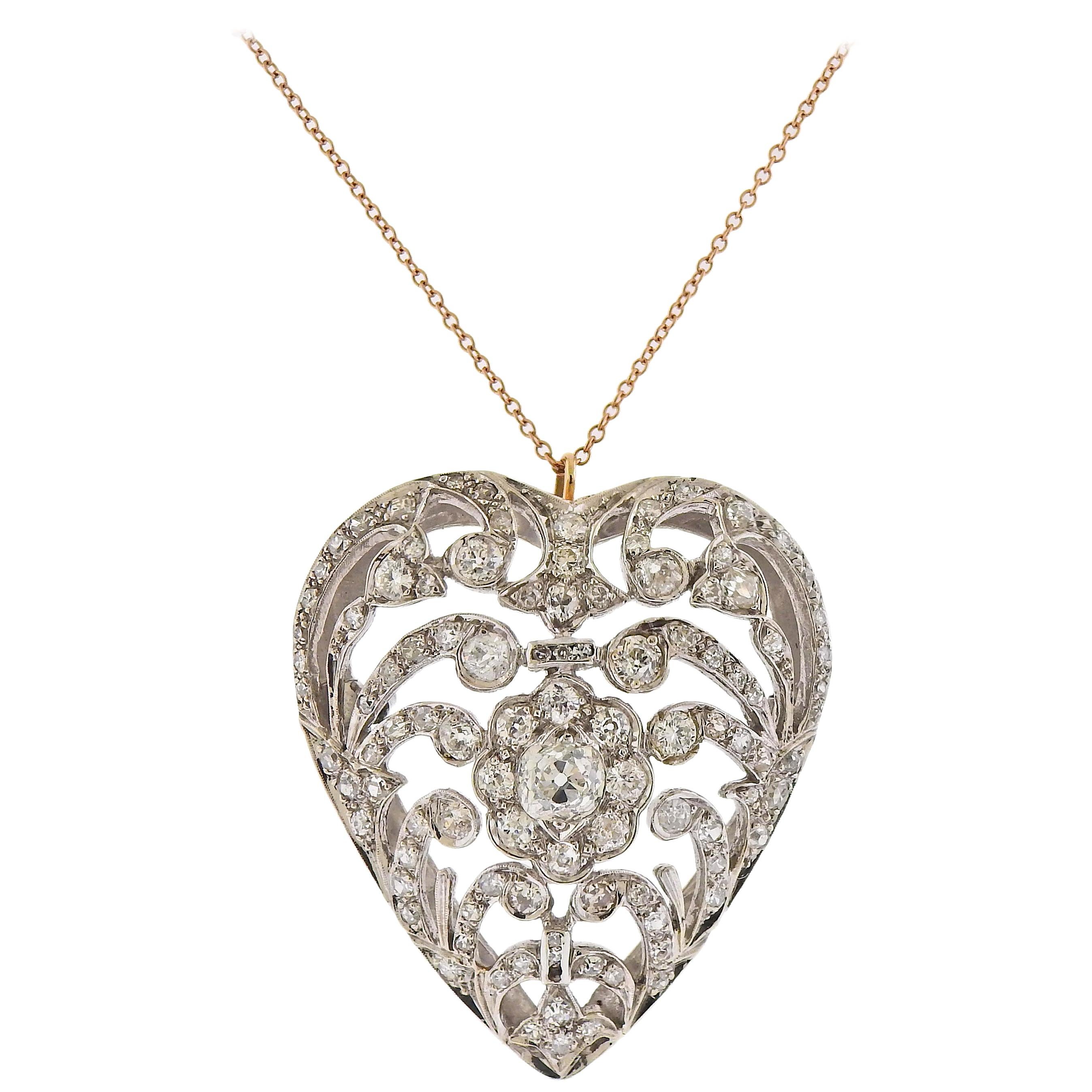 Antique Edwardian Diamond Gold Heart Pendant on Tiffany & Co Chain Necklace For Sale