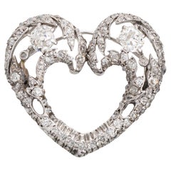 Antique Edwardian Diamond Heart Pendant Brooch Platinum Fine Vintage Jewelry