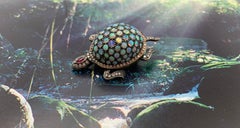 Broche ancienne en or jaune 14 carats, diamant opale rubis, tortue articulée