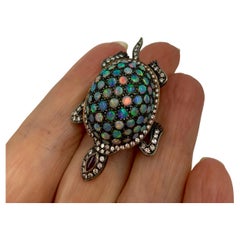 Antique Edwardian Diamond Opal Ruby 14K Yellow Gold Articulated Turtle Brooch