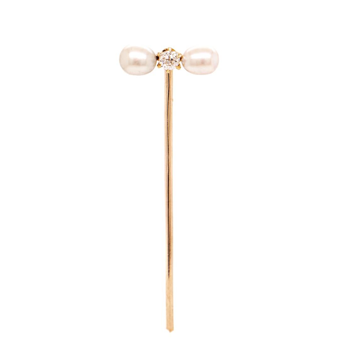 Round Cut Antique Edwardian Diamond, Pearl, and Gold Stickpin For Sale