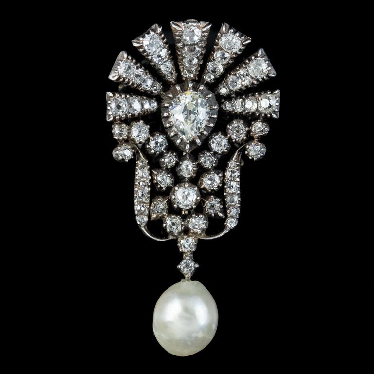 Pear Cut Antique Edwardian Diamond Pearl Brooch 5ct of Diamond For Sale