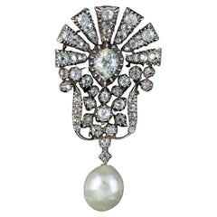 Antique Edwardian Diamond Pearl Brooch 5ct of Diamond