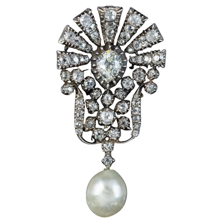 Antique Edwardian Diamond Pearl Brooch 5ct of Diamond For Sale
