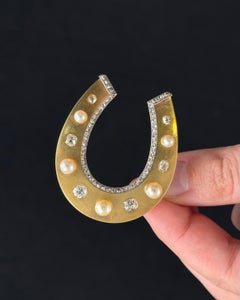 Antique Edwardian Diamond Pearl Horseshoe Lucky Brooch Yellow Gold 20th Century