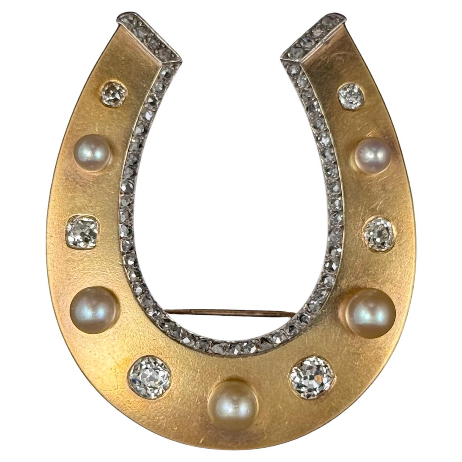 Antiguo Broche Eduardiano Diamante Perla Herradura de la Suerte Oro Amarillo Siglo XX