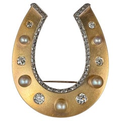 Antique Edwardian Diamond Pearl Horseshoe Lucky Brooch Yellow Gold 20th Century