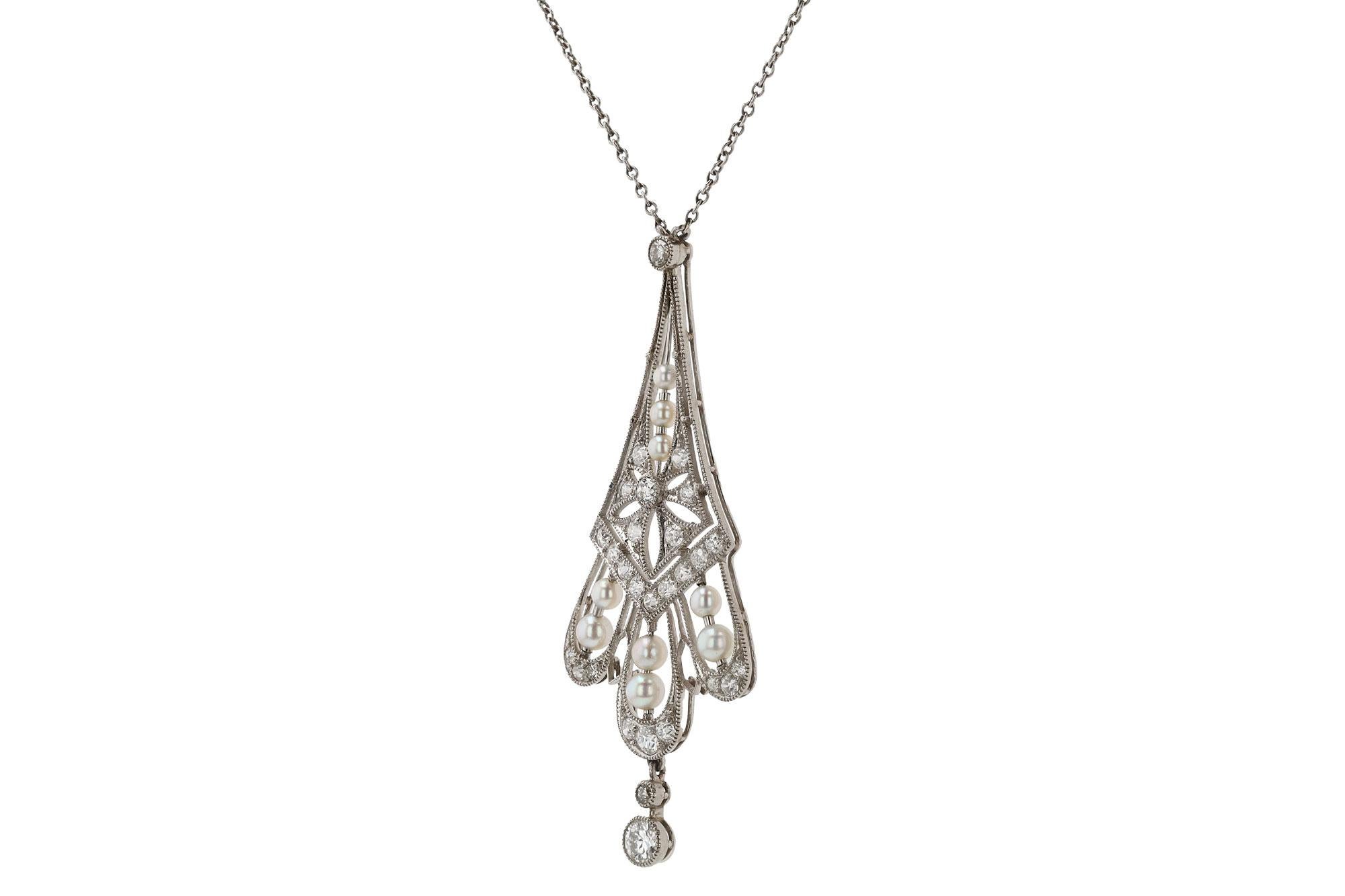Antique Edwardian Diamond & Pearl Lavalière Platinum Necklace In Excellent Condition For Sale In Santa Barbara, CA