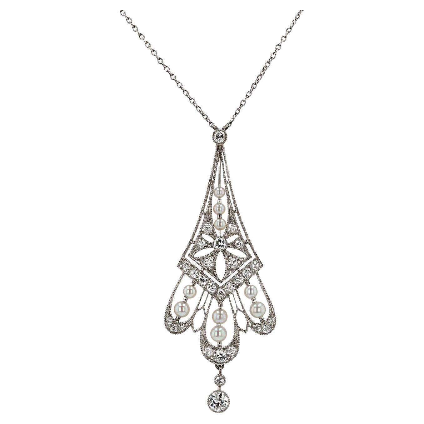 Antique Edwardian Diamond & Pearl Lavalière Platinum Necklace For Sale