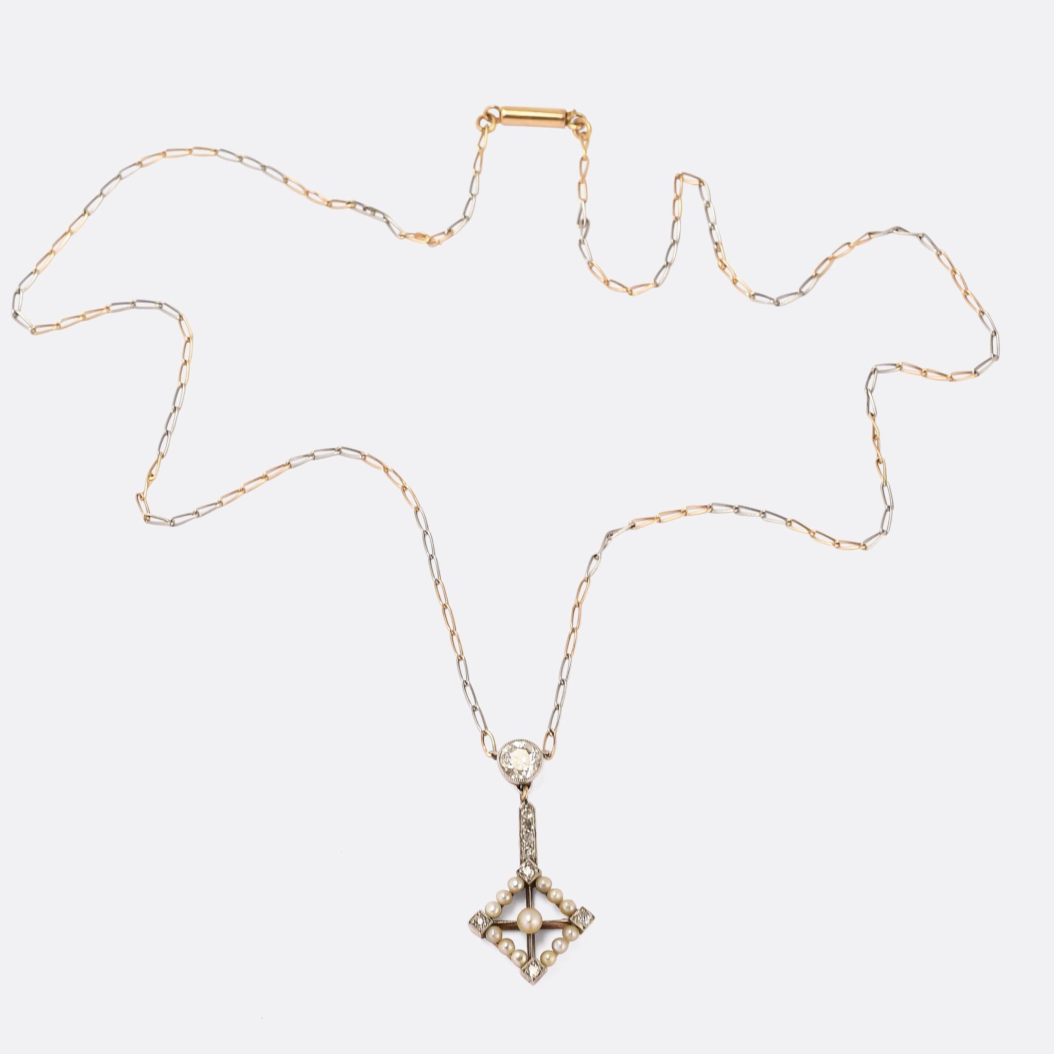 Old European Cut Antique Edwardian Diamond Pearl Pendant Necklace