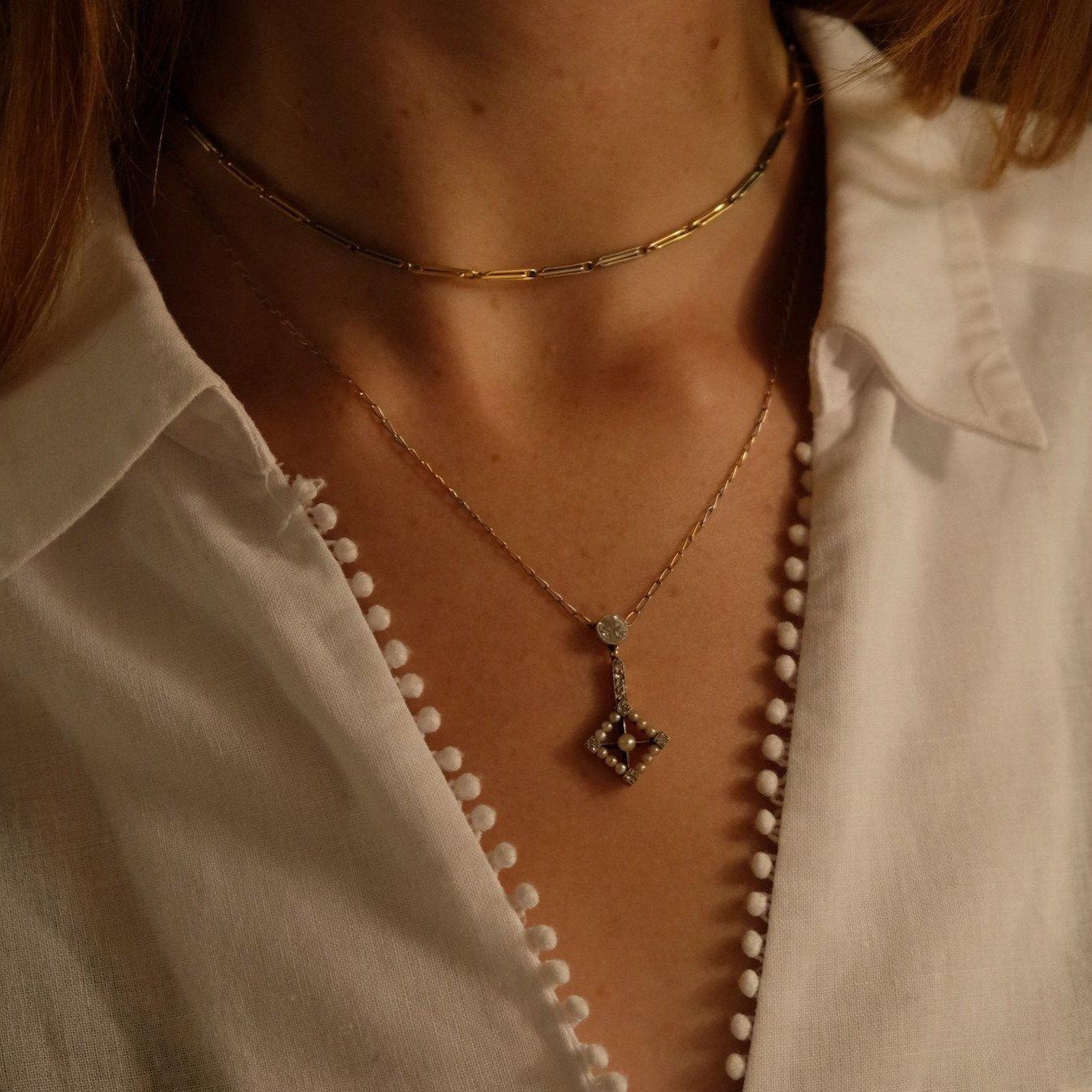 Women's Antique Edwardian Diamond Pearl Pendant Necklace