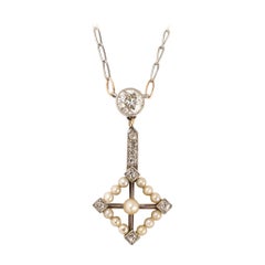 Antique Edwardian Diamond Pearl Pendant Necklace