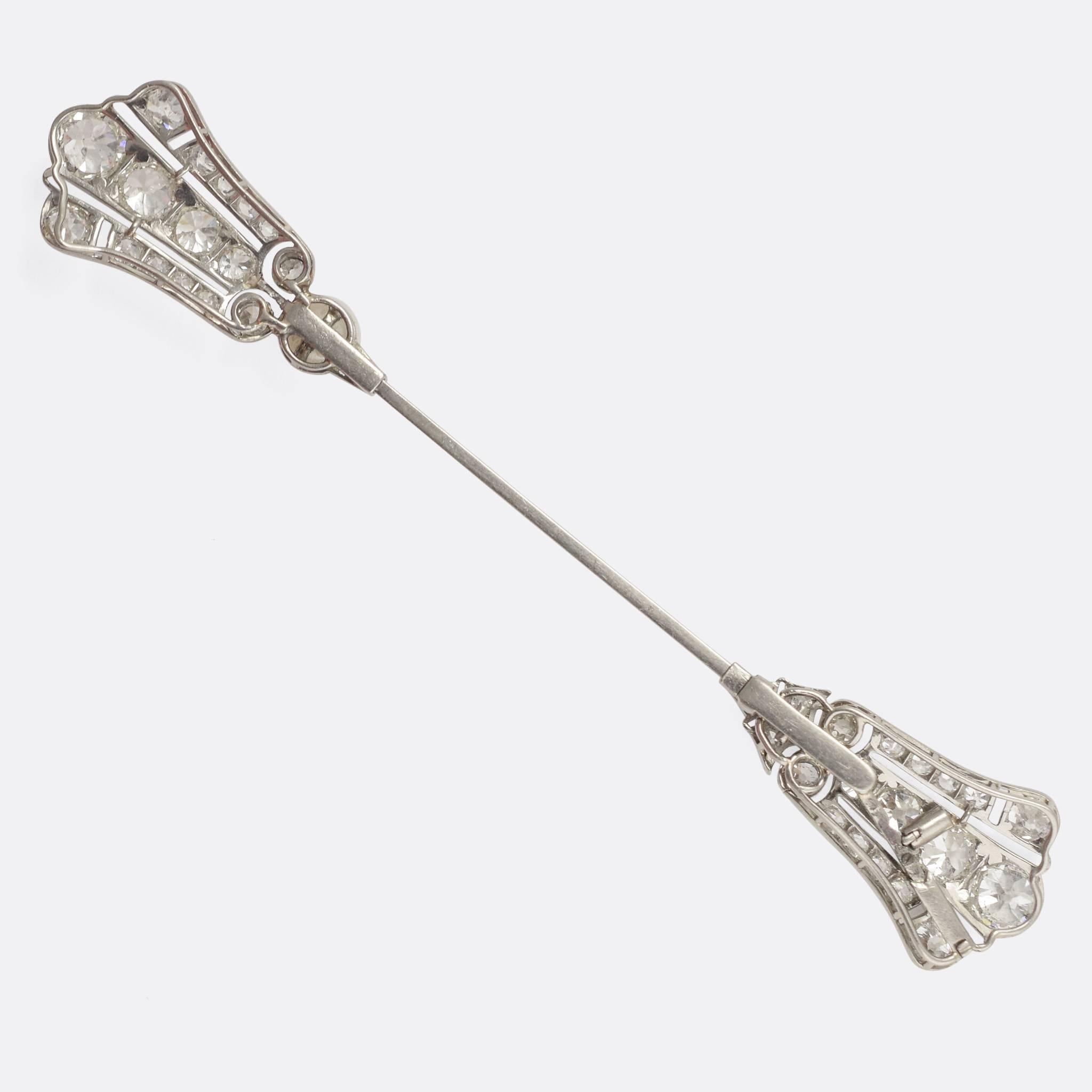 Antique Edwardian Diamond Pearl Platinum Jabot Pin In Excellent Condition In Sale, Cheshire