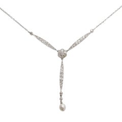 Antique Edwardian Diamond Pearl Platinum Necklace