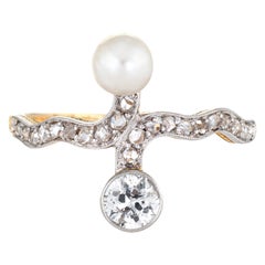 Antique Edwardian Diamond Pearl Ring 18 Karat Gold Platinum Vintage Fine Jewelry