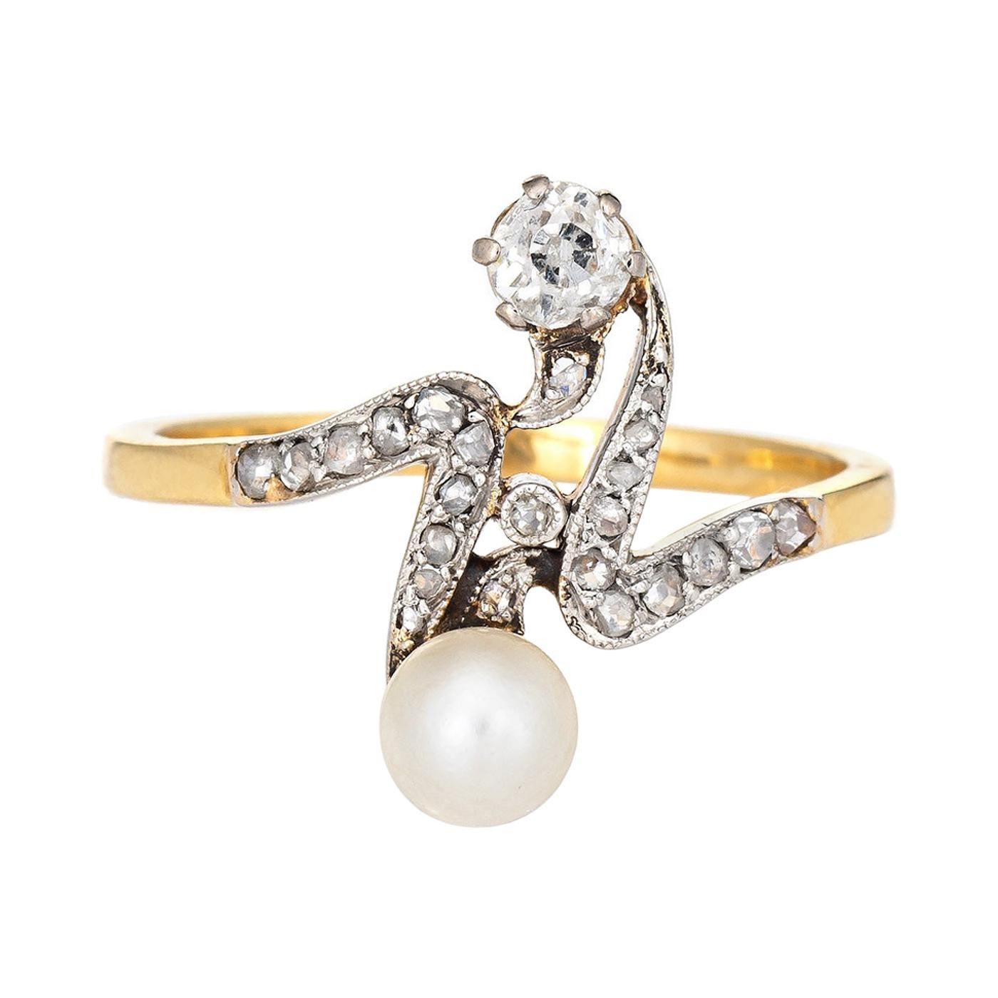 Antique Edwardian Diamond Pearl Ring Moi et Toi 18k Gold Silver Topped Jewelry 9 For Sale